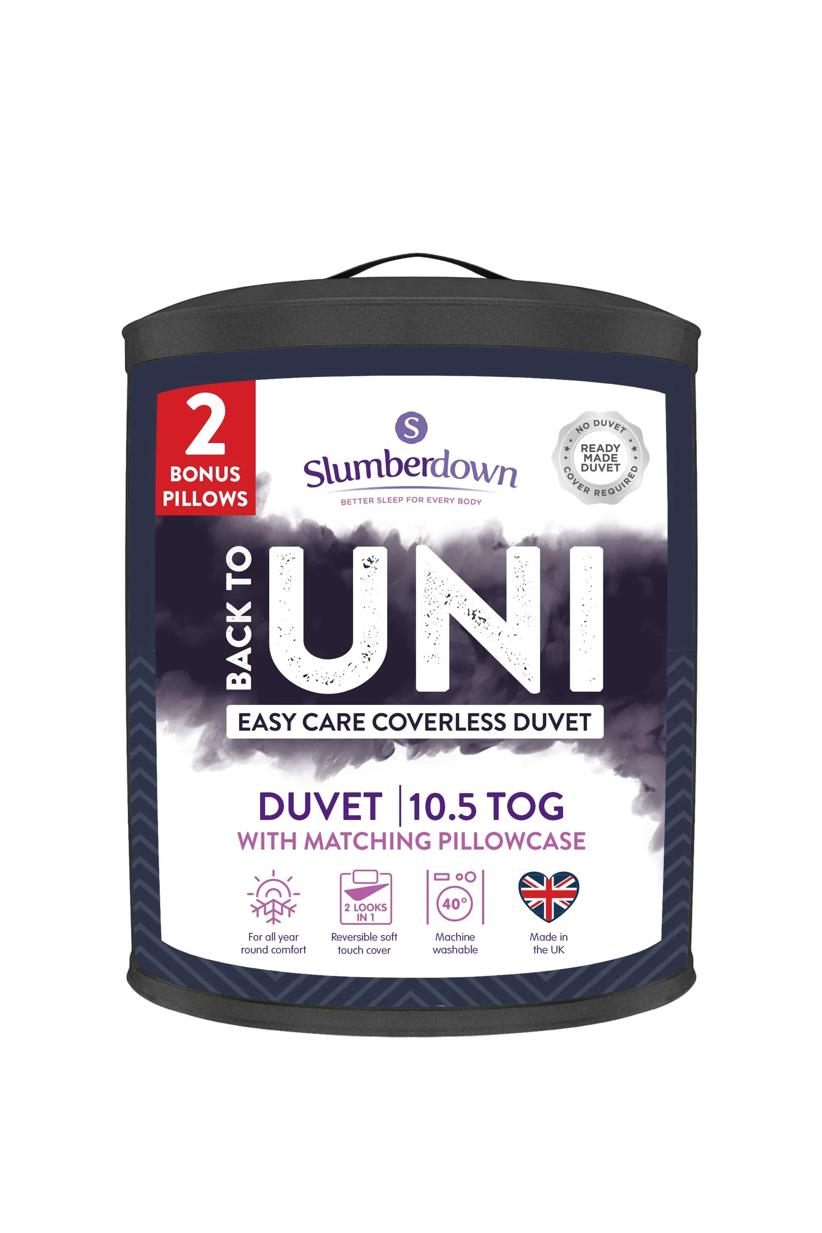 Slumberdown Back to Uni Embossed Herringbone 10.5 Duvet, 2 Medium Pillows in Navy