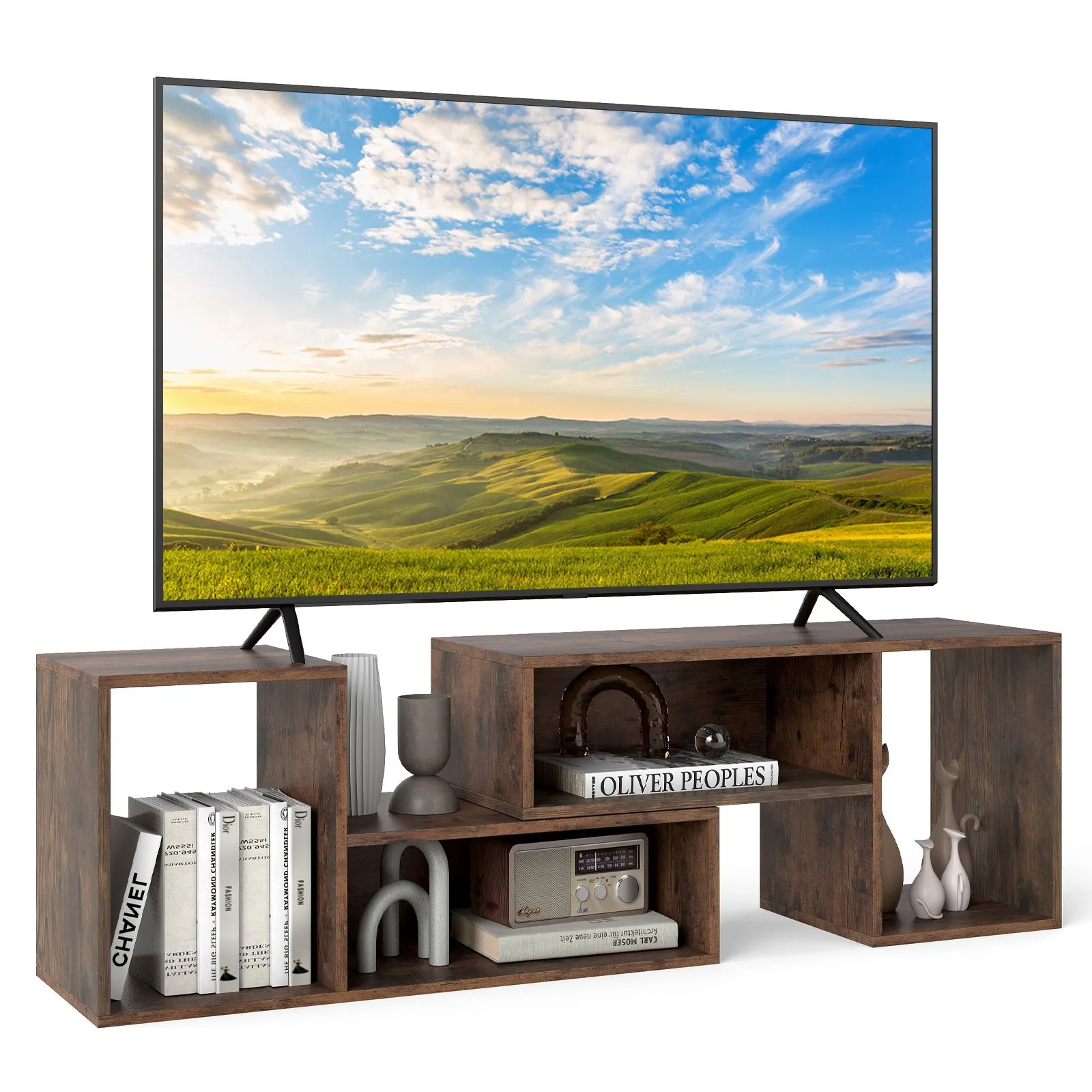 Costway 2-Piece Console TV Stand Modern Minimalist Entertainment Center in Brown