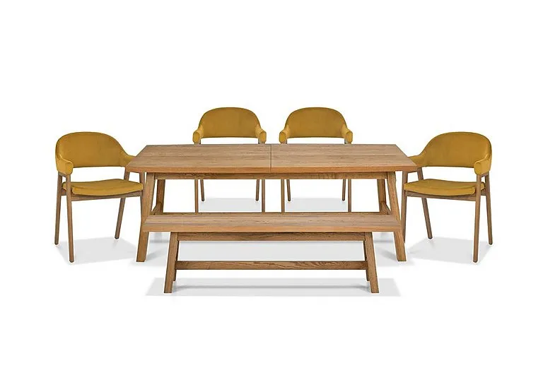 Stratford Large Extending Dining Table with Small Bench and 4 Fabric Dining Arm Chairs - Mustard Velvet