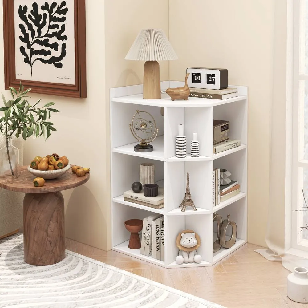 Costway 4-Tier Wooden Corner Bookcase 9 Cubbies Bookshelf w/ Charging Station in White 2