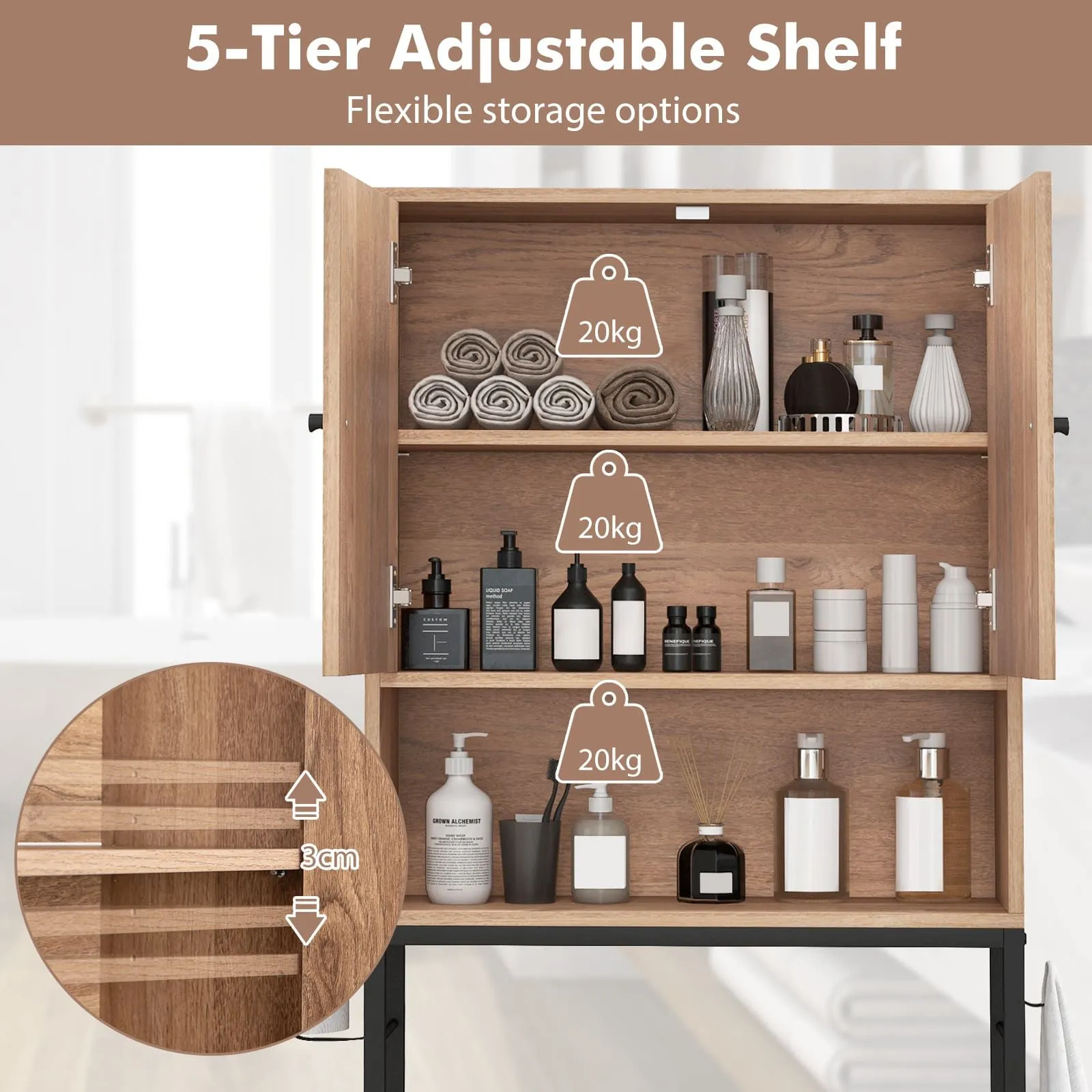 Costway Over The Toilet Storage Cabinet Free Standing Toilet Rack-Natural in Natural 6