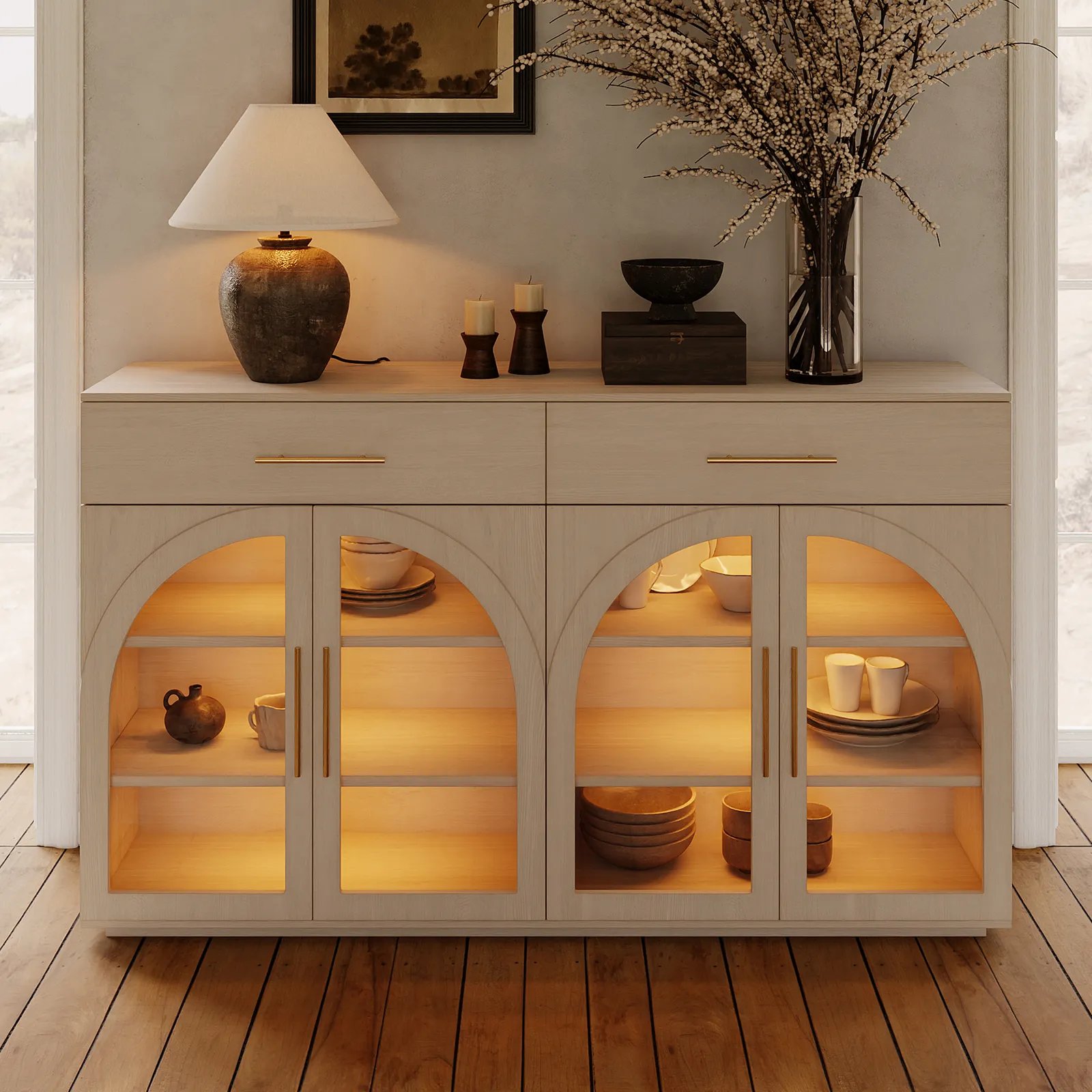 Arune 160 cm Whitewash Wood Sideboard with Storage & LED Lights