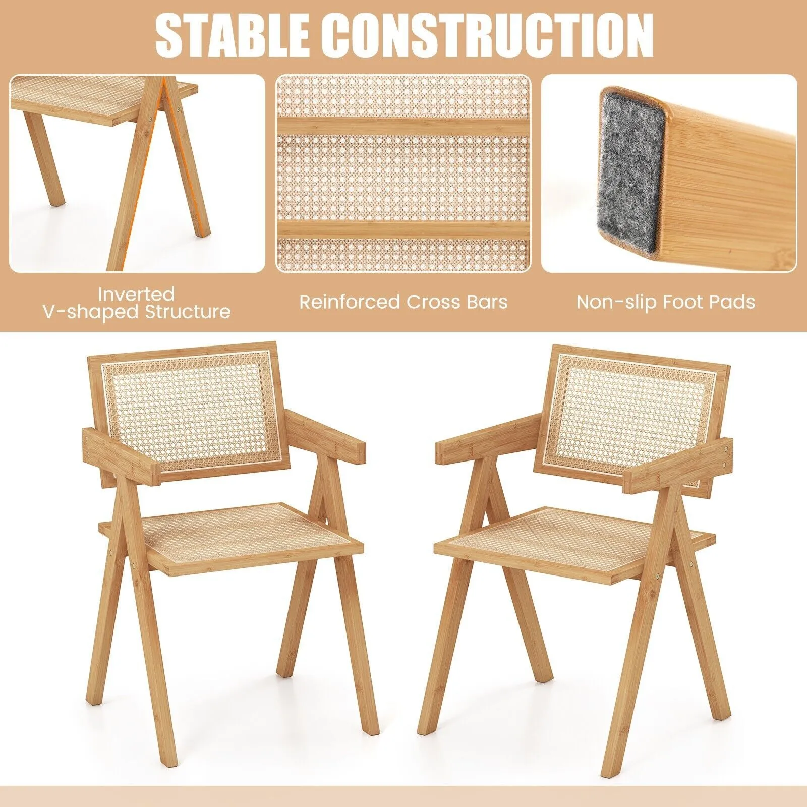 Costway Set of 2 Kitchen Dining Chair Set Modern Rattan Accent Chair Backrest Side Chair in Natural 3