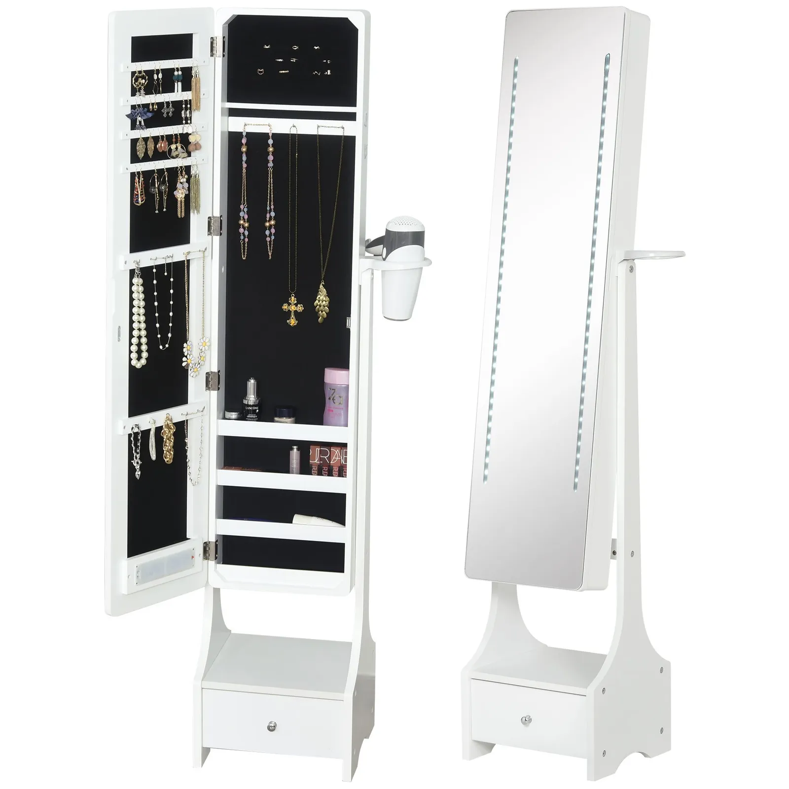 HOMCOM Freestanding Jewellery Cabinet Storage Mirror Armoire in White 2