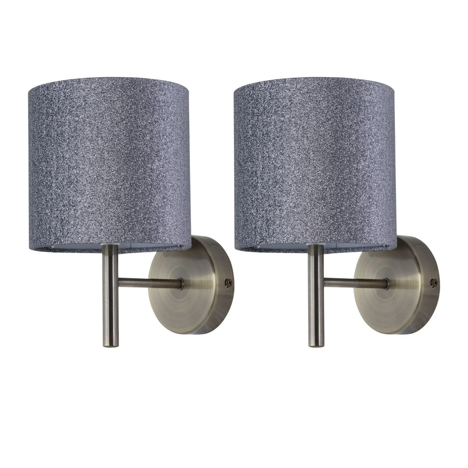 First Choice Lighting Set of 2 Brea - Antique Brass Wall Lights with Silver Glitter Shades in Gold