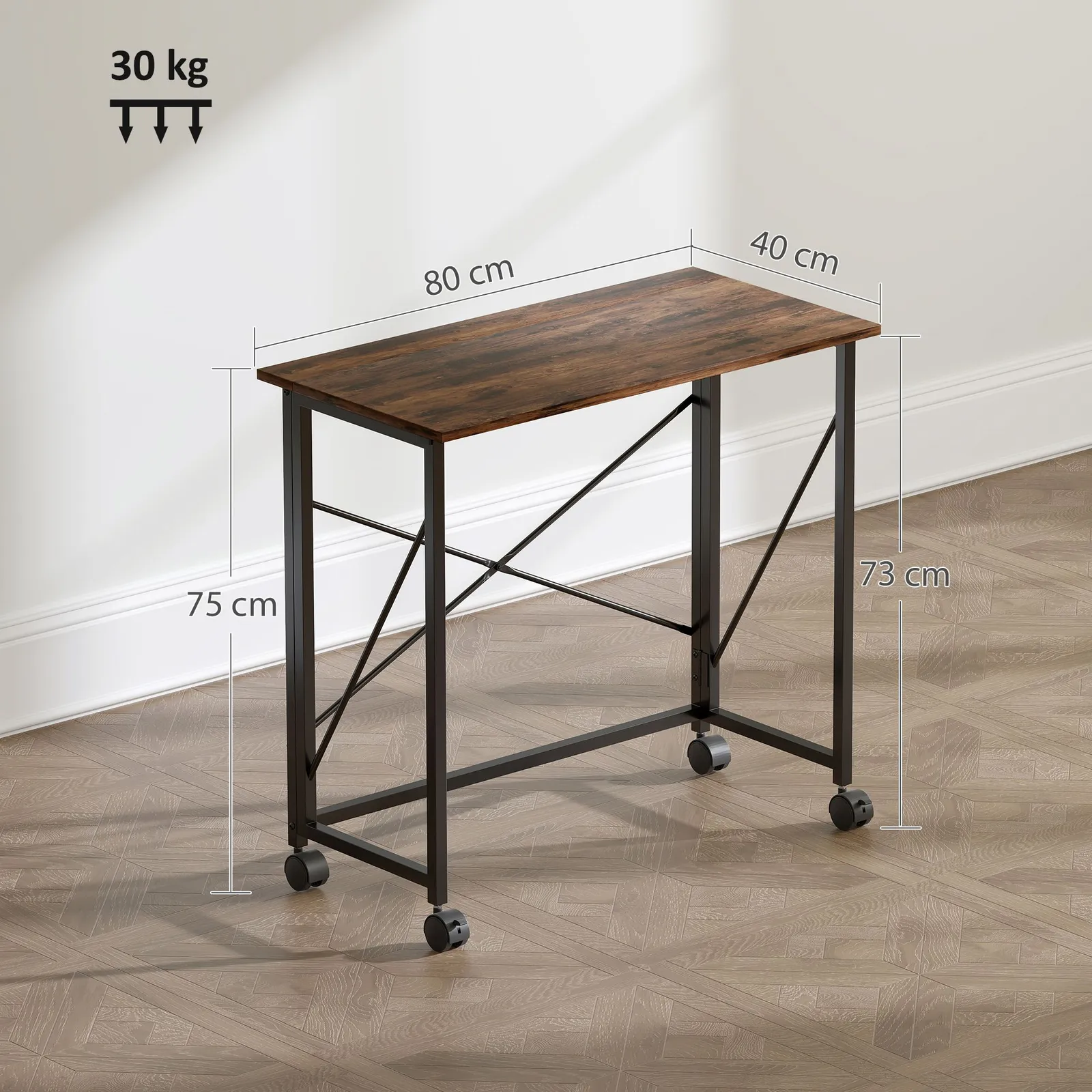 HOMCOM Folding Desk on Wheels, Writing Table for Home Office, Brown 3