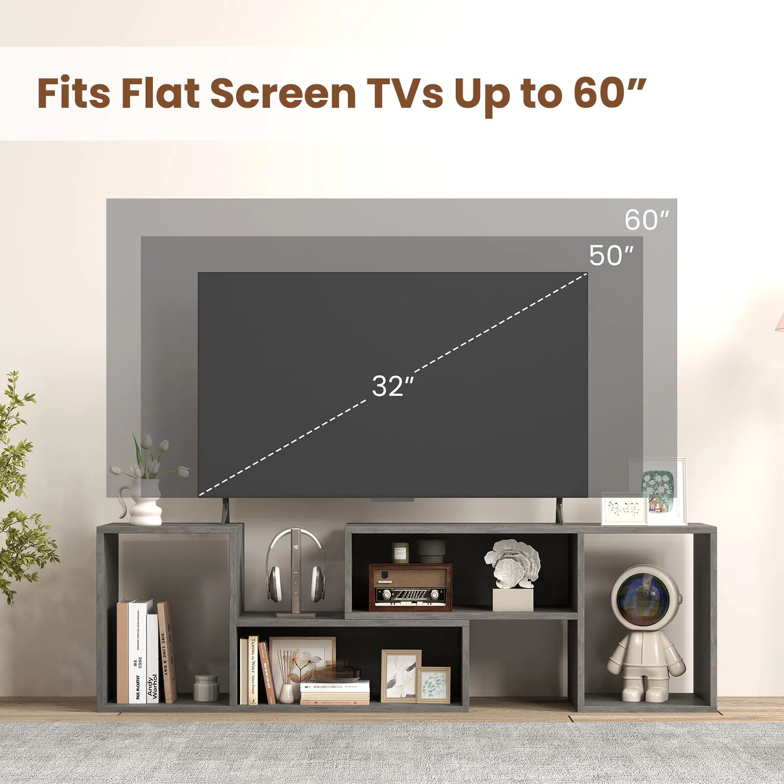 Costway 2-Piece Console TV Stand Modern Minimalist Entertainment Center in Grey 6