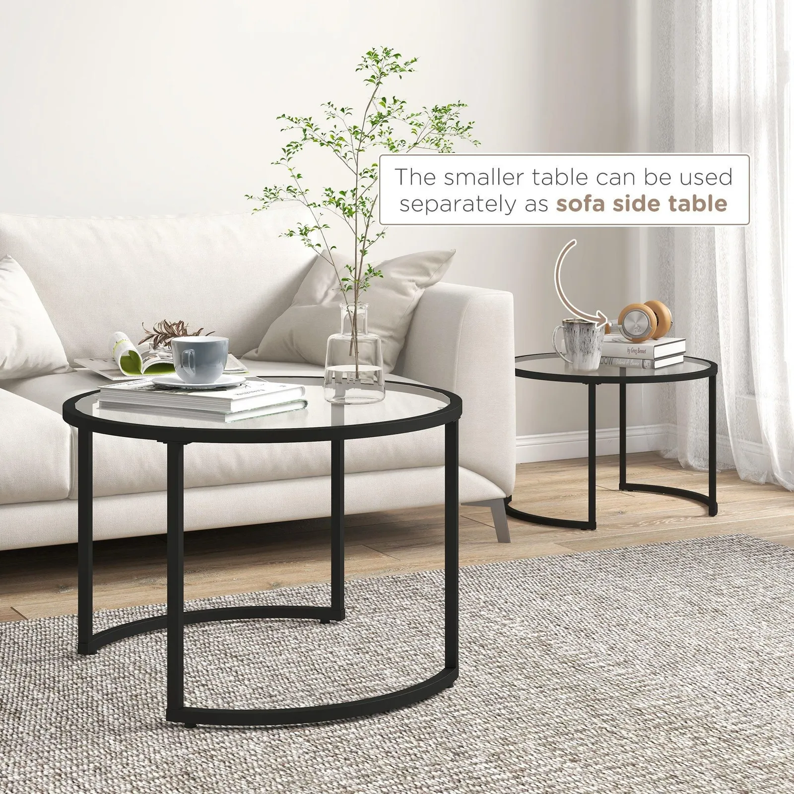 HOMCOM Nesting Coffee Table Set of 2 Round Side Tables for Living Room in Black 5