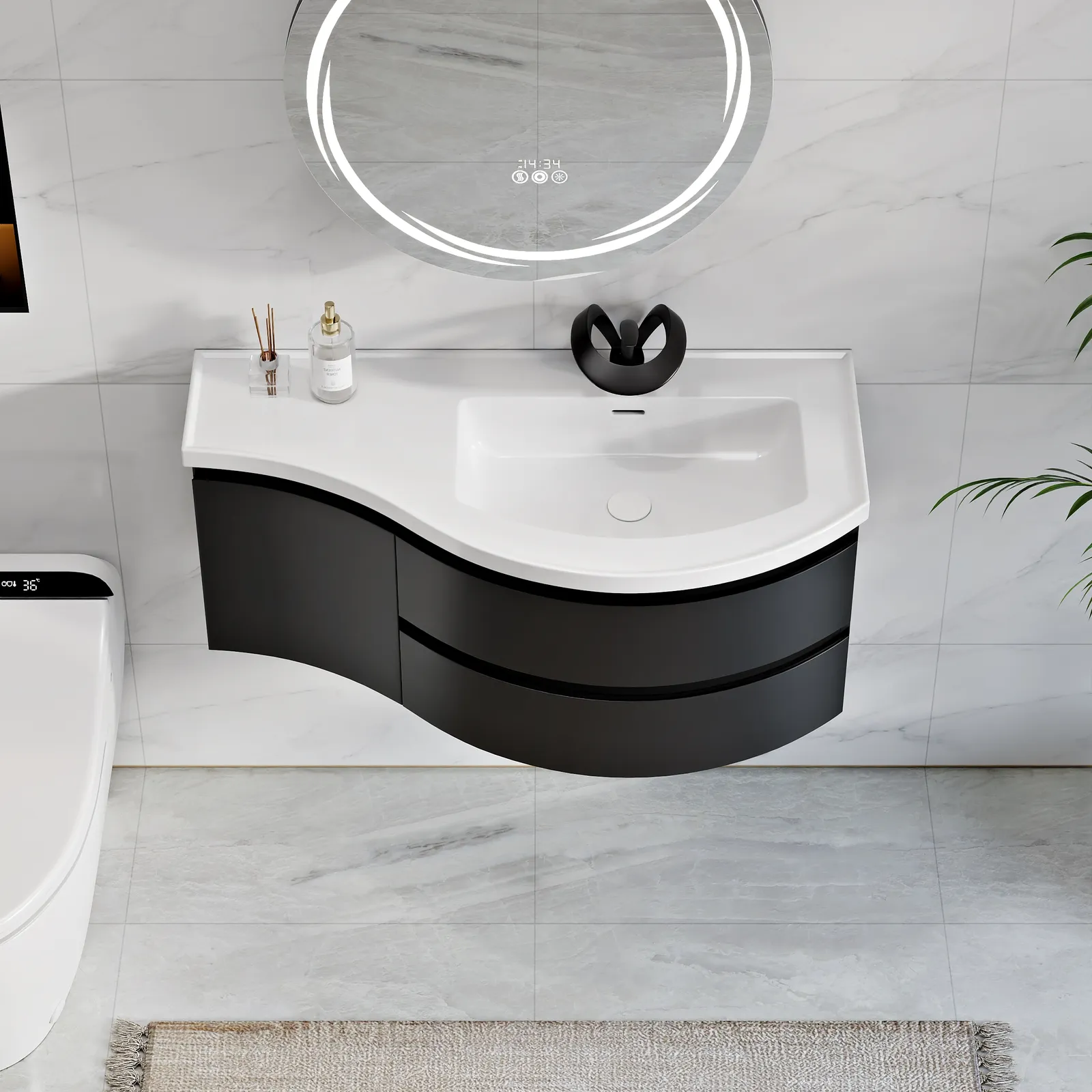 35" Floating Single Curved Bathroom Vanity with Sink & Storage, Set of 2