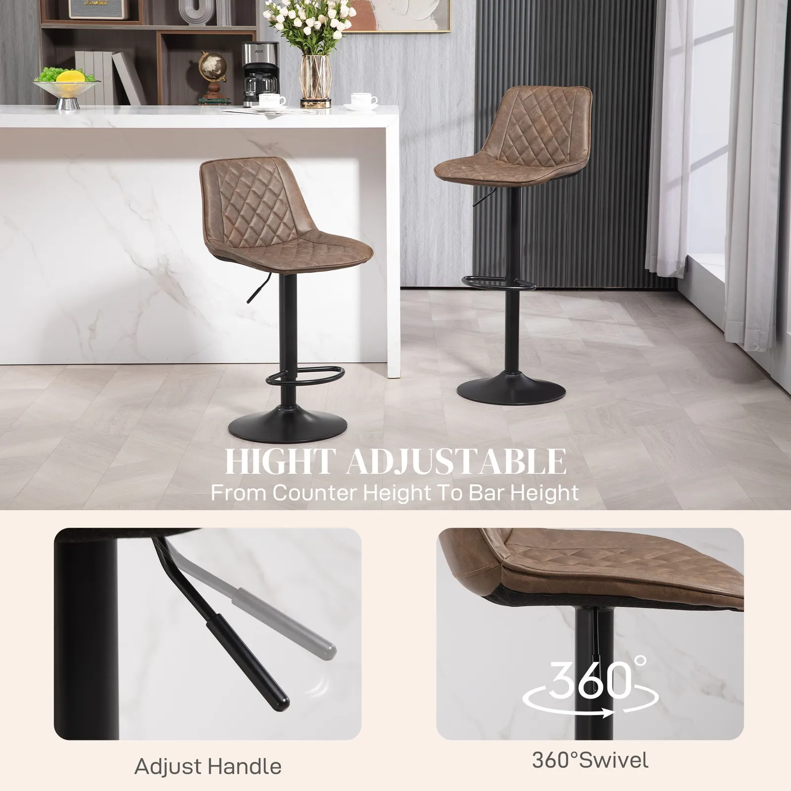 HOMCOM Bar Stools Set of 2, Adjustable Bar Chairs Swivel for Kitchen Brown 6