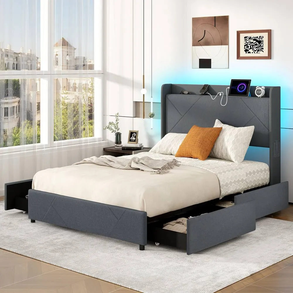 Costway Double Size Bed Frame with Lights & Charging Grey 3