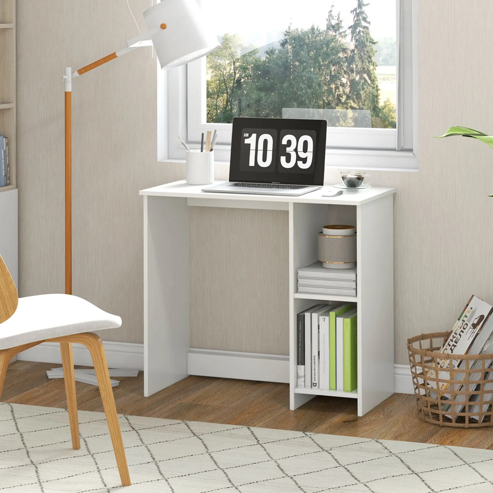 Costway Wooden Computer Desk Writing Desk PC Laptop Table W/2 Compartments in White 3