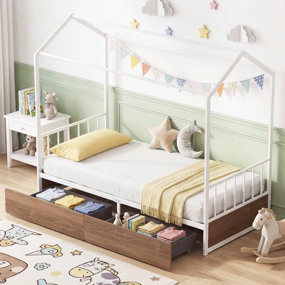 Costway Single Size Bed Frame w/2 Drawers Platform Bed w/Headboard & Footboard