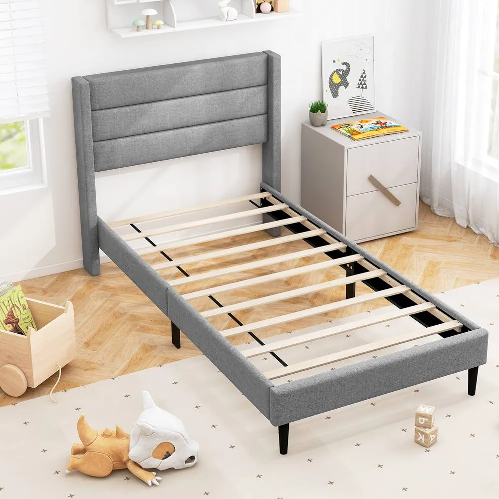Costway Single Bed Frame Linen Upholstered Platform Bed w/Headboard in Grey 4