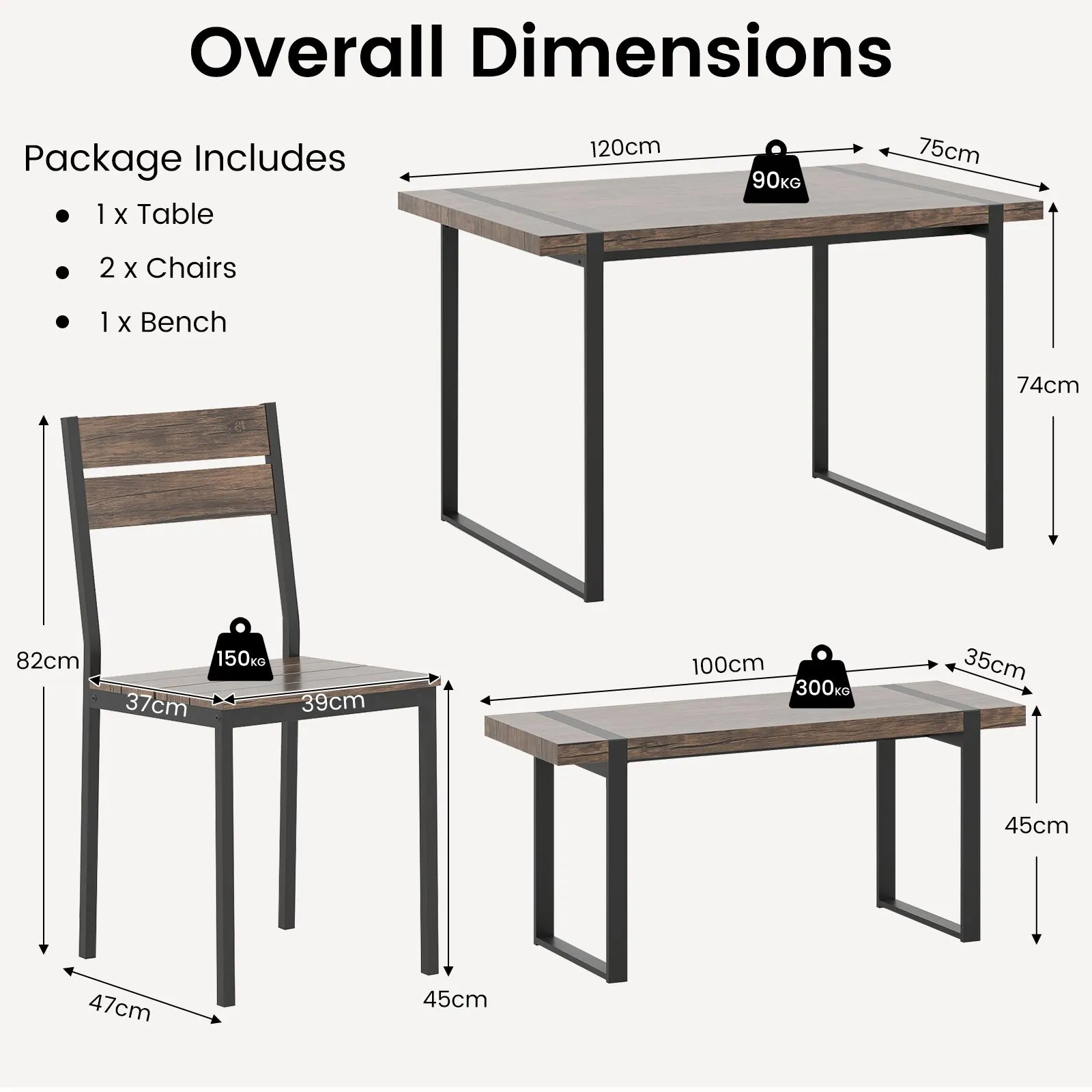 Costway 4PCS Dining Table Set for 4 Wooden Rectangular Kitchen Table in Grey 2