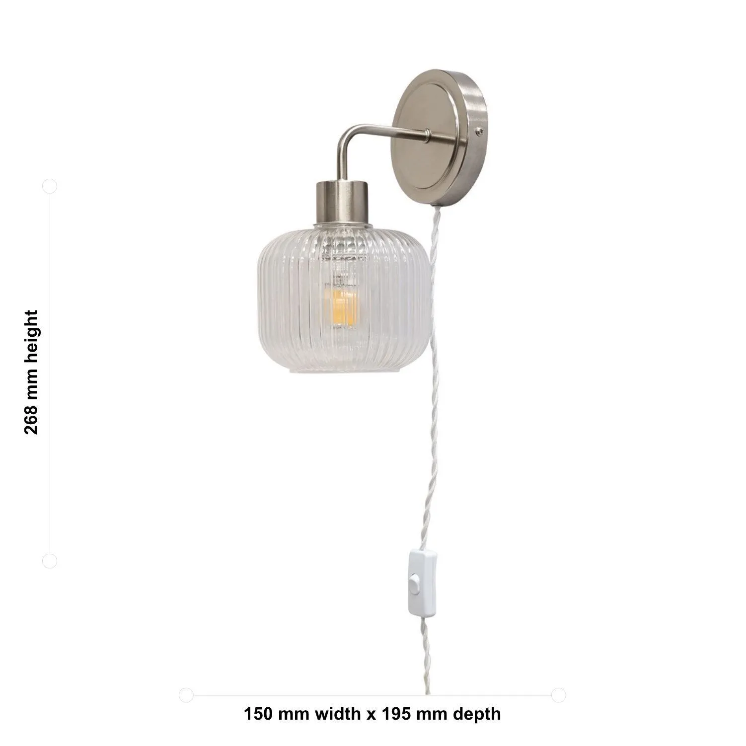 First Choice Lighting Toby - Satin Nickel Plug in Wall Light with Batley Ribbed Glass Shade in Silver 5