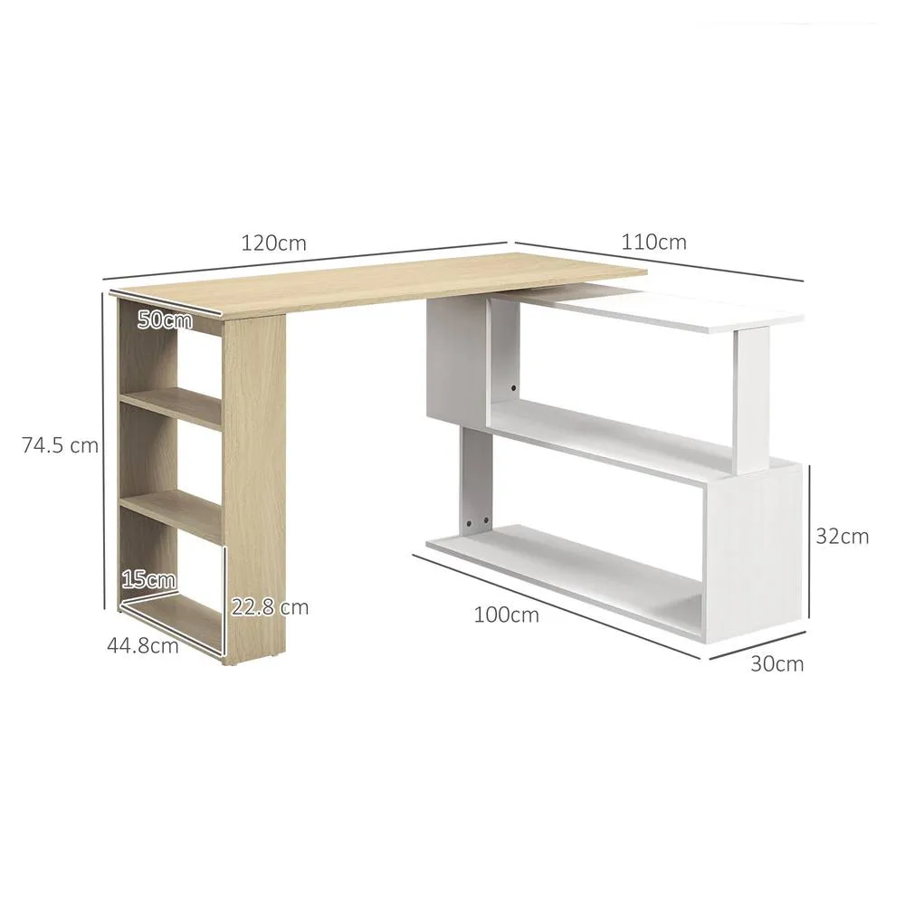 HOMCOM Corner Desk with Rotating Design & Bookshelf, Natural & White 3