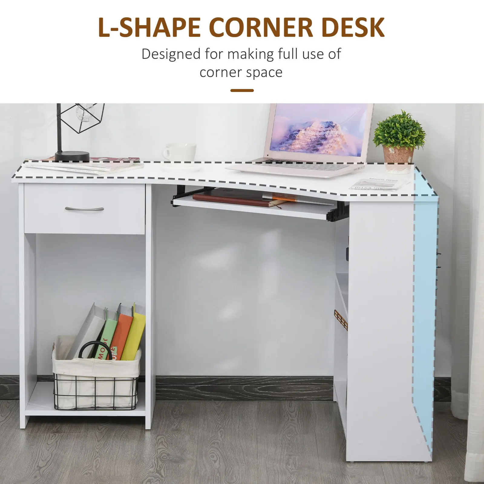 HOMCOM L-Shaped Corner Computer Desk w/ 2 Shelves Worktop Keyboard Tray in White 4