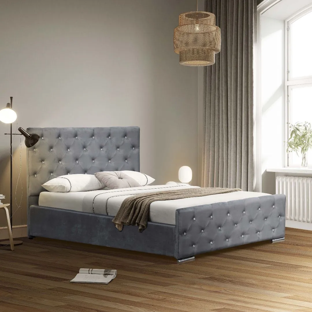 Comfy Living Ltd Grey Brushed Velvet Diamante Chesterfield Upholstered Bed
