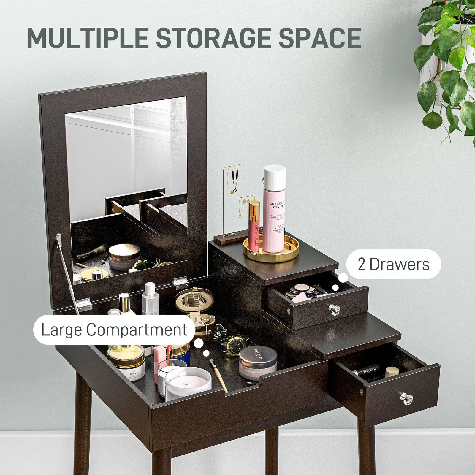 HOMCOM Dressing Table Vanity Desk Flip-up Mirror 2 Drawers in Black 5