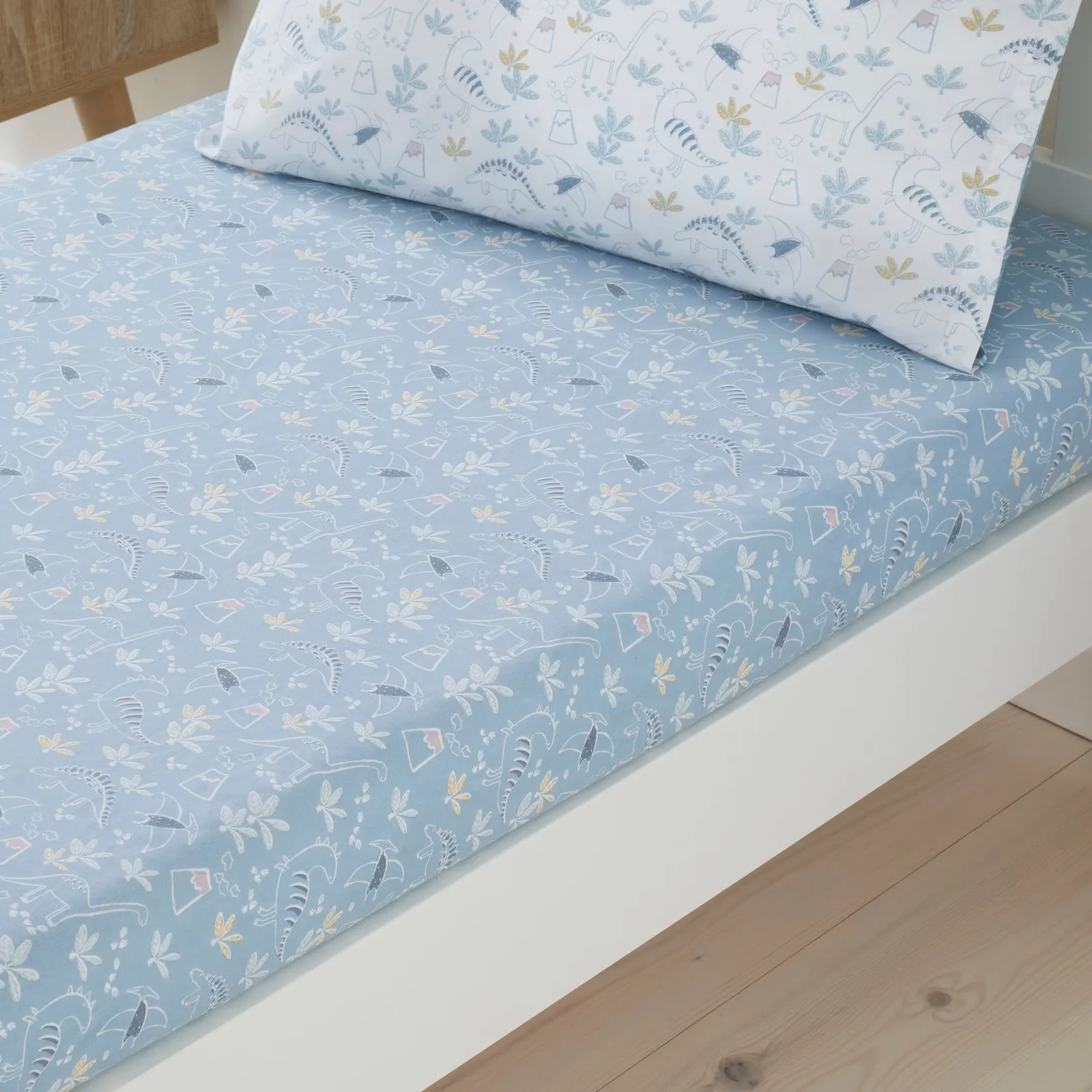 Set of 2 Doodle Dino Blue 100% Cotton Fitted Sheets Light Blue