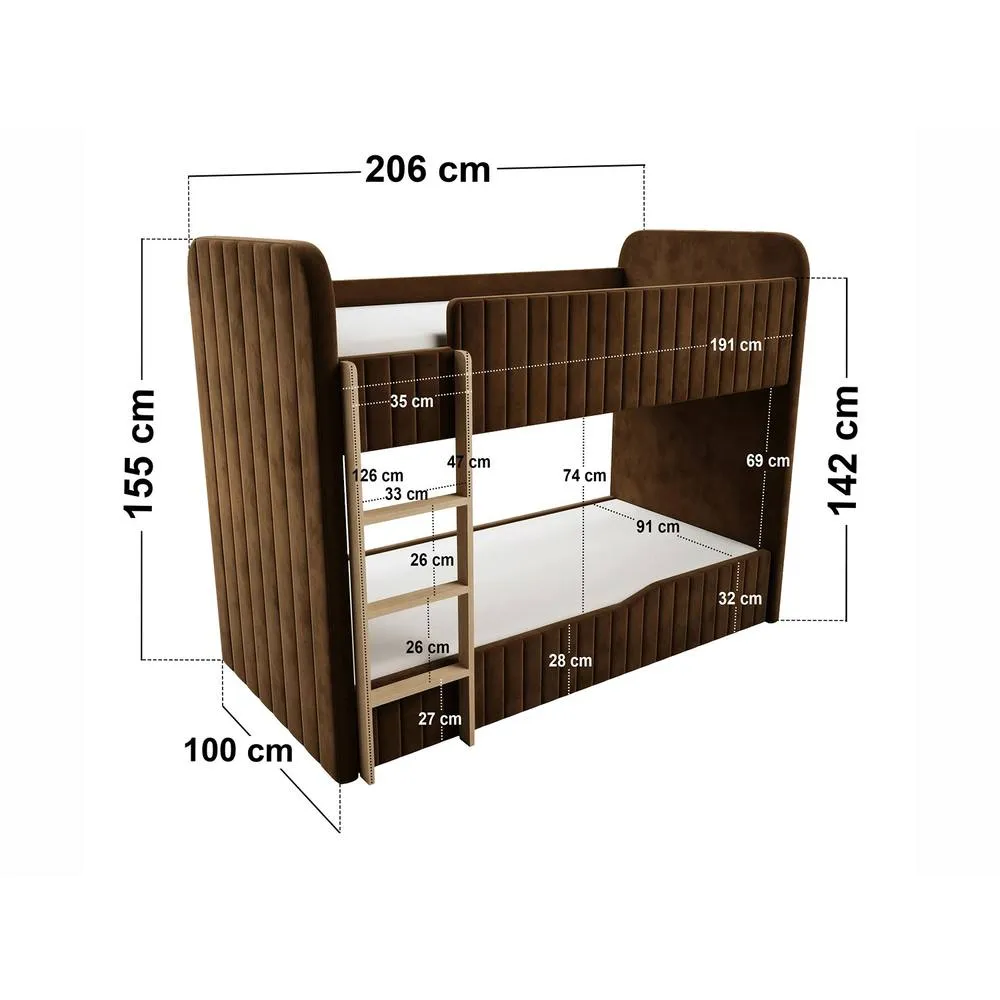 Flair Venna Single Upholstered Bunk Bed with Wooden Ladder in Brown 5