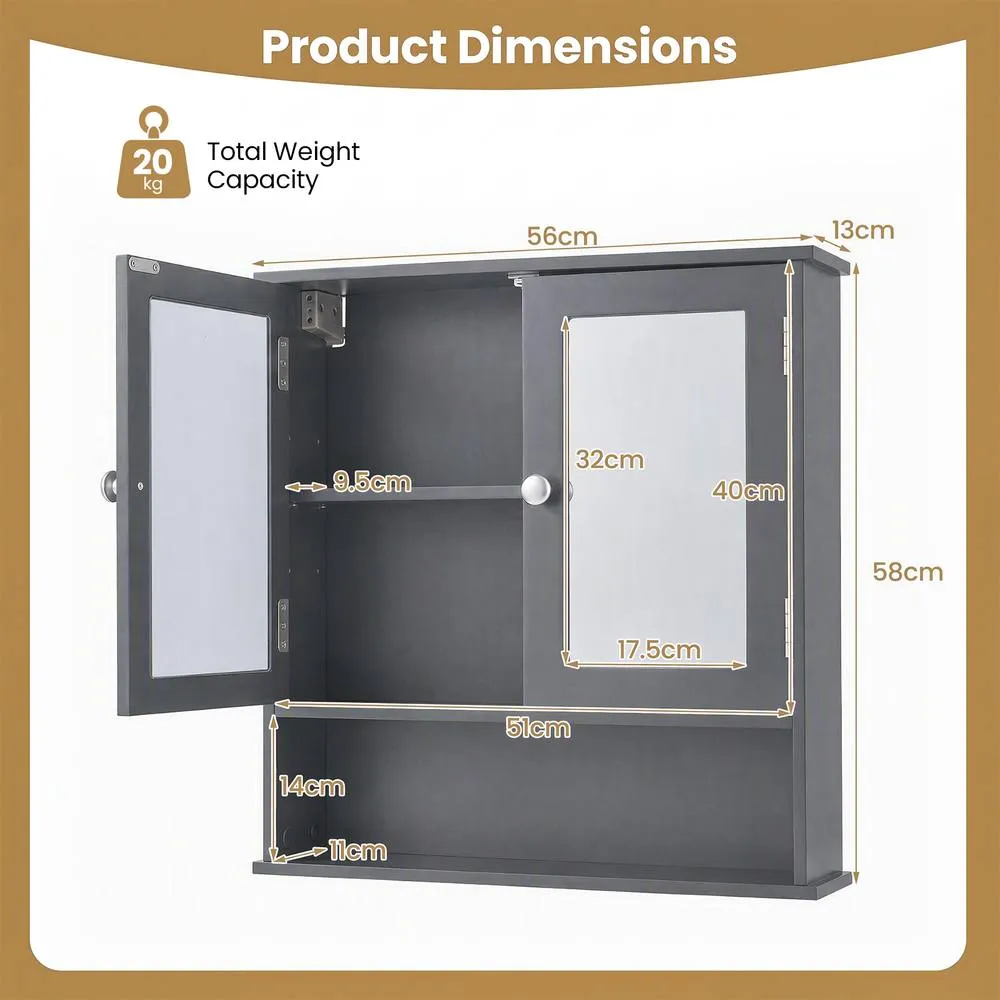Costway Bathroom Wall Cabinet Medicine Cabinet Wall Mount with Mirror in Grey 2
