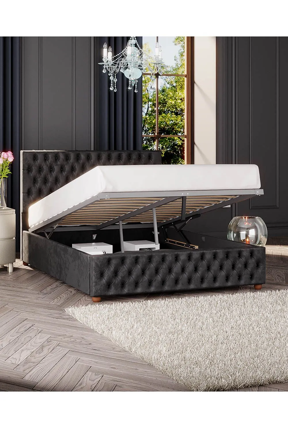 Laurence Llewelyn-Bowen Seren Ottoman Storage Bed in Mirazzi Velvet Fabric, Custom Made in Black