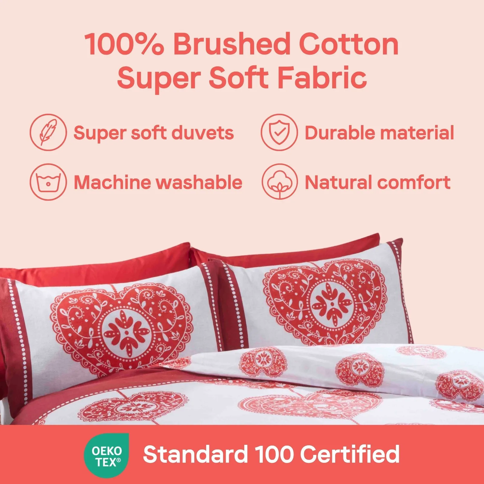Rapport Home Scandi Heart Pure Cotton Duvet Cover Set with Pillowcase in Red 6