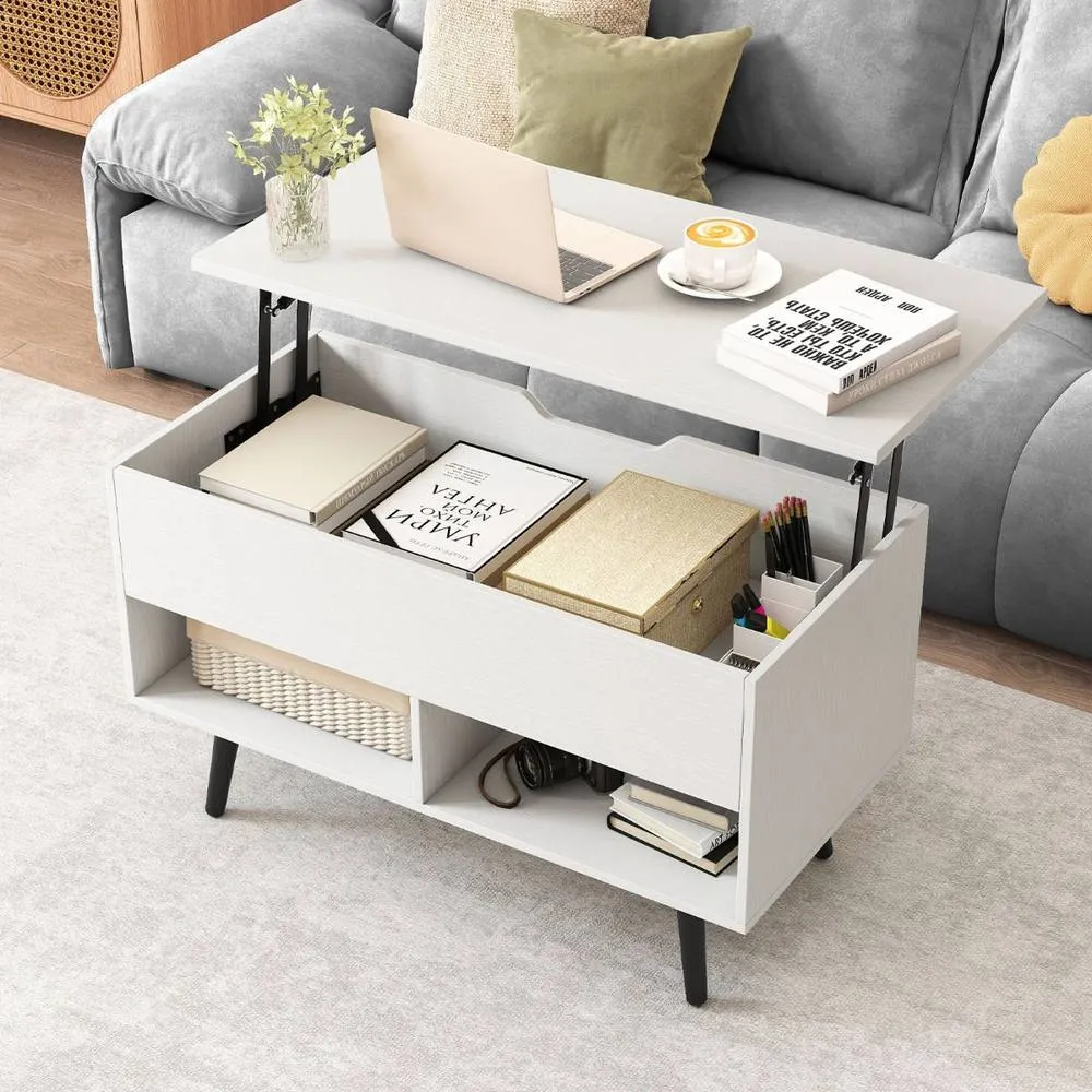 Costway Lift Top Coffee Table Mid Century Modern Accent Table w/Shelves in White