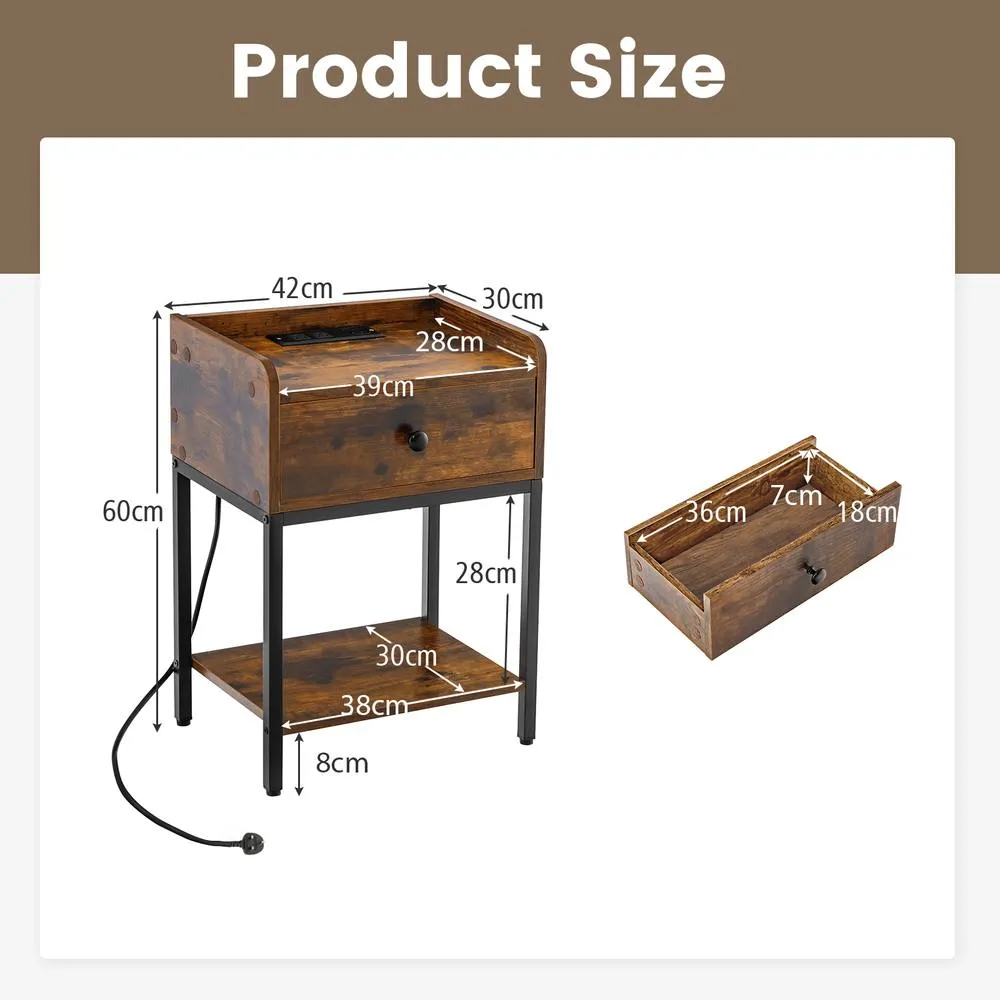 Costway Nightstand w/Charging Station Industrial Bedside Table w/USB Ports in Brown 2