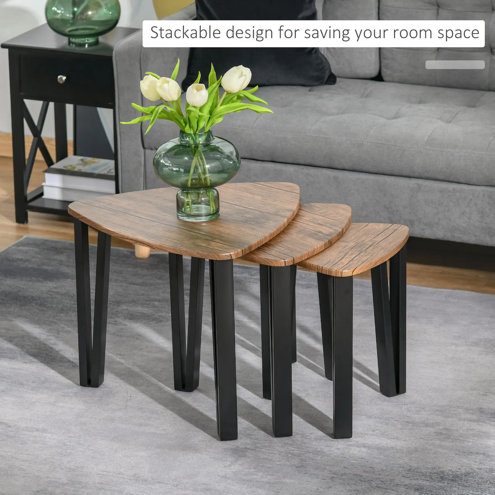 HOMCOM 3 PCs Nesting Table Coffee Table Set MDF Steel Living Room Furniture in Black 4
