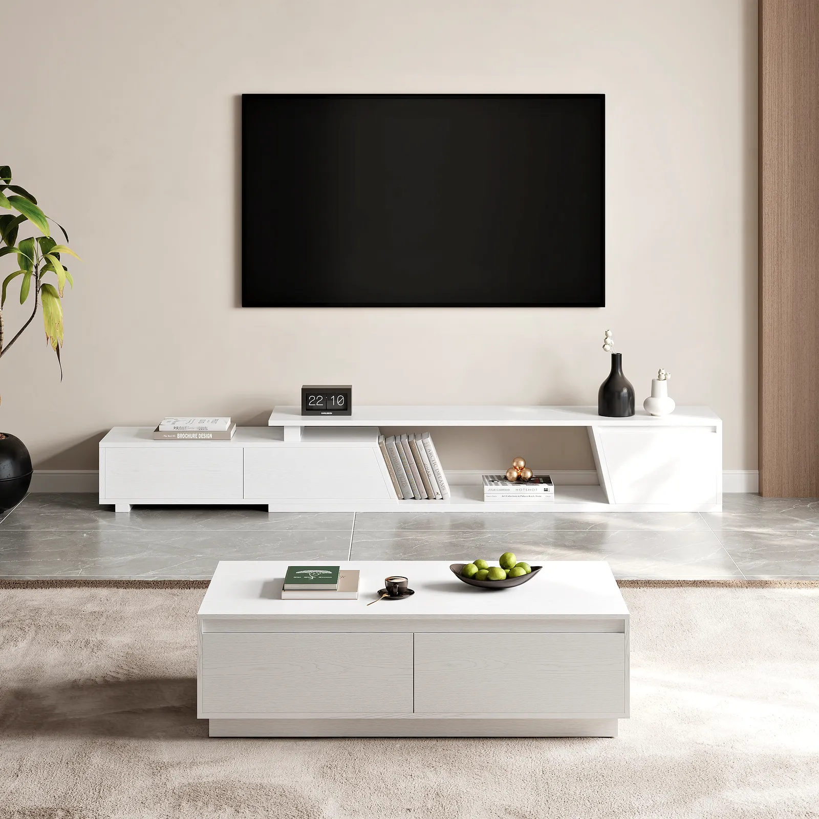 Fero Mid-Century Extendable TV Stand & Block Coffee Table Set