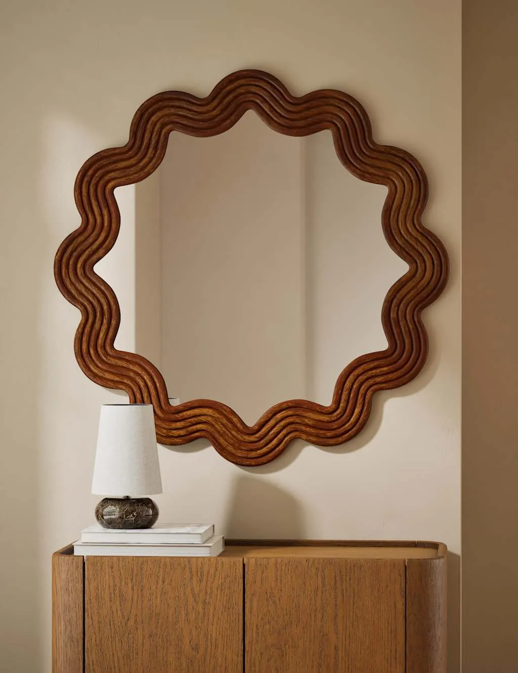M&S Scallop Ribbed Wooden Wall Mirror Natural