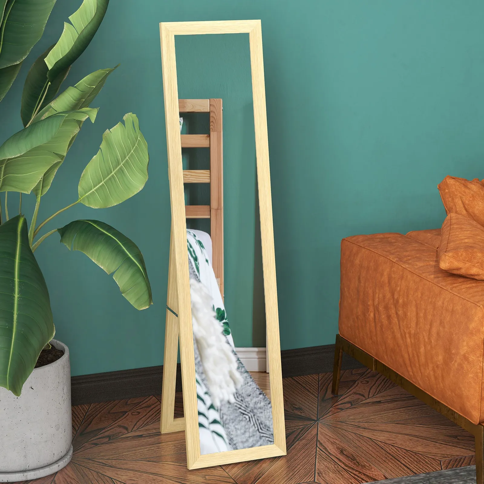 HOMCOM Full Length Mirror, Farmhouse Wall Mirror, Hanging & Freestanding in Natural