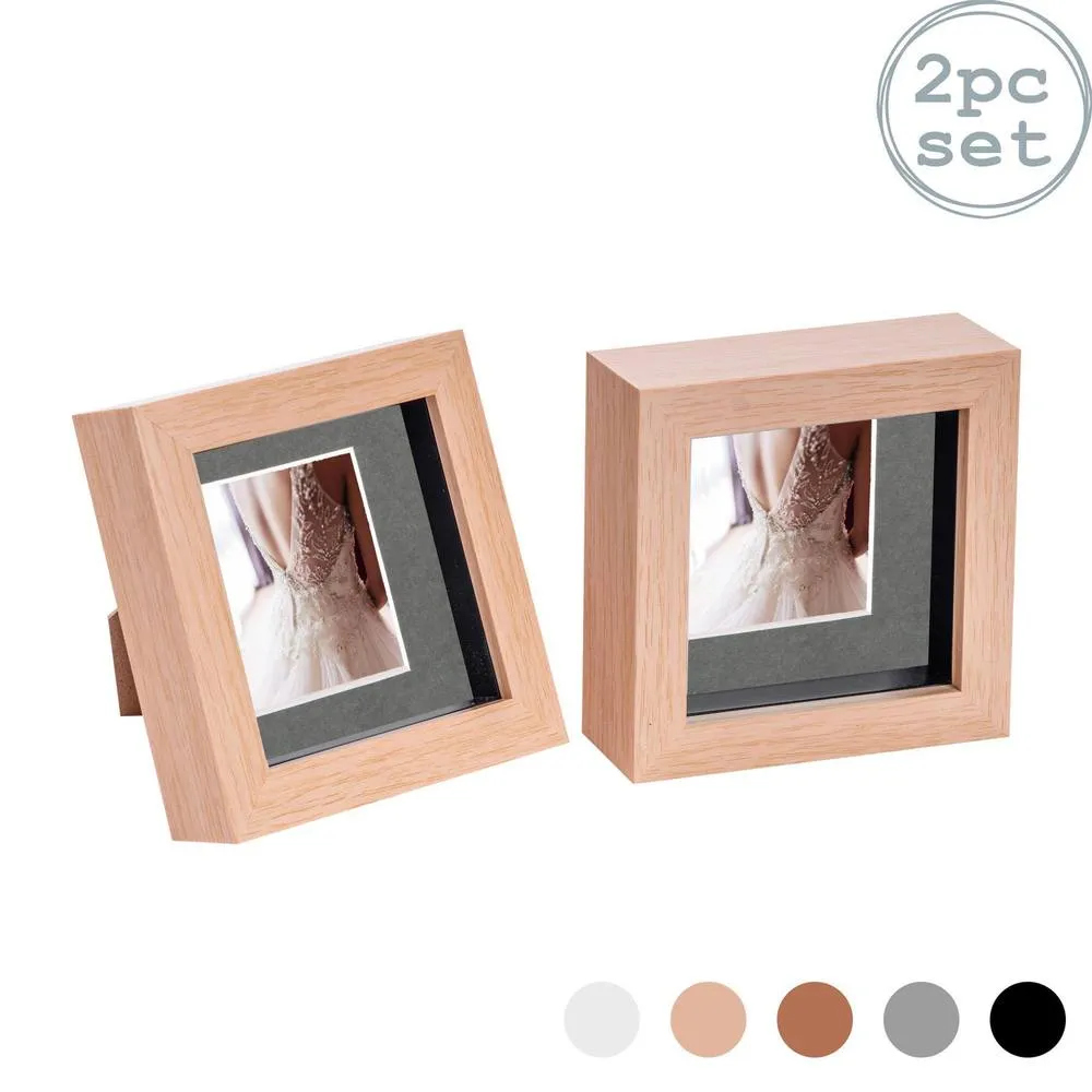 Nicola Spring 3D Box Photo Frames - 4 x 4" with 2 x 2" Mount - White Mount - Pack of 2 in Light Brown