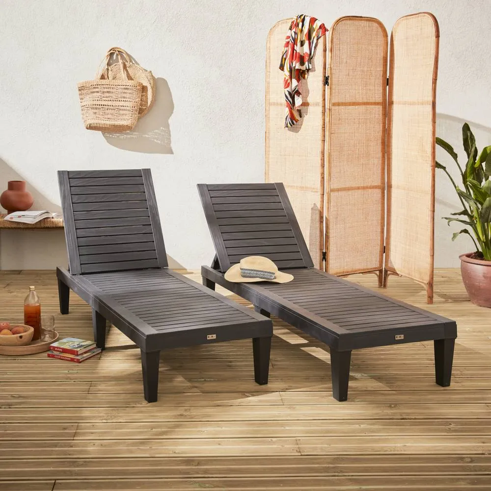 sweeek Pair of plastic sun loungers with textured wood effect in Black 1