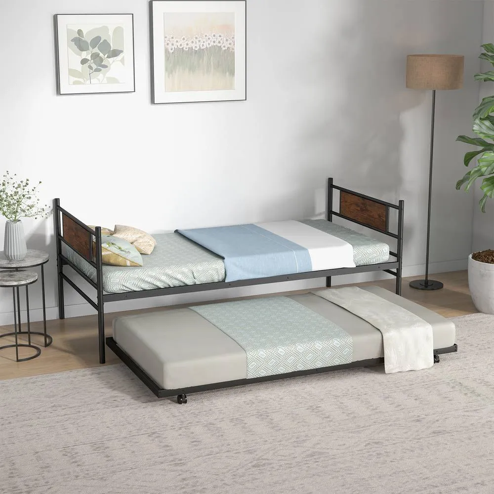 Costway Single Metal Daybed Sofa Bed Dual-use Guest Bed W/ Pull-out Trundle Space Saving in Brown 3