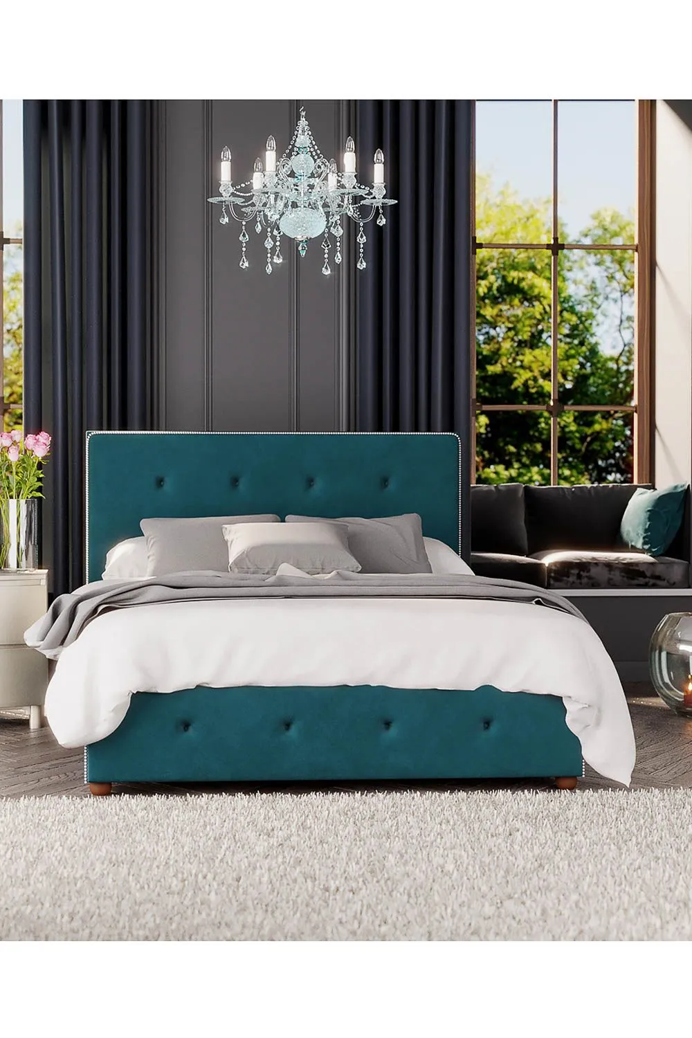 Laurence Llewelyn-Bowen Hesper Ottoman Storage Bed in Plush Velvet Fabric, Custom Made in Emerald 5