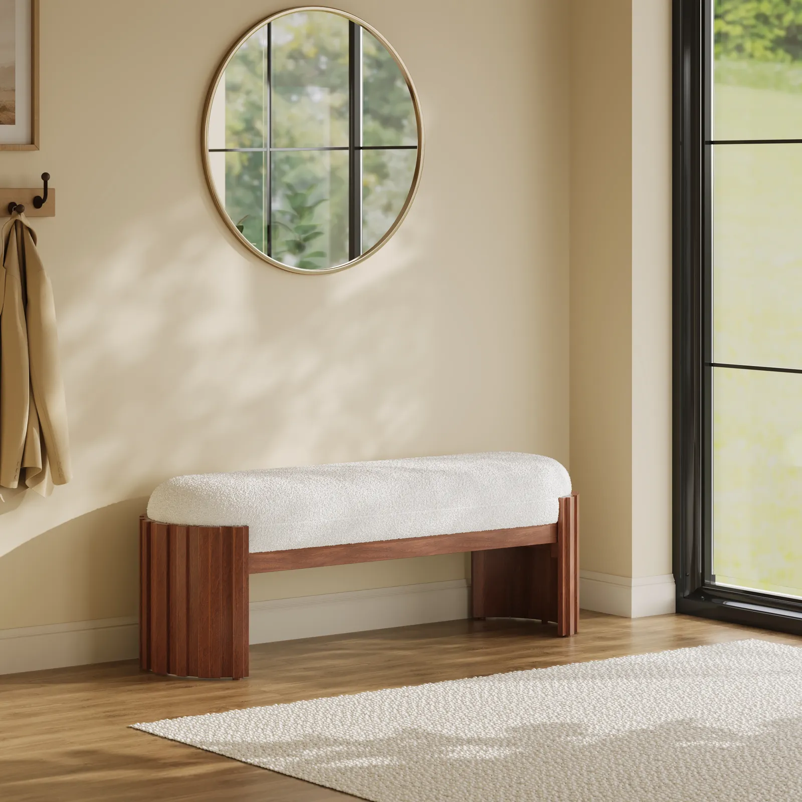 Aura 47” Walnut Wooden Boucle Upholstered Entryway Bench