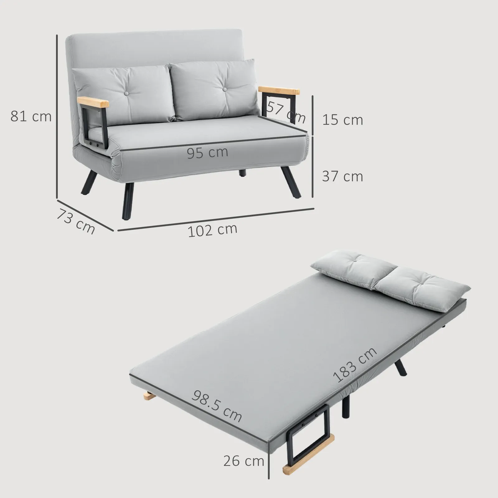 HOMCOM Click Clack 2 Seater Sofa Bed for Living Room, Guest Room in Light Grey 3
