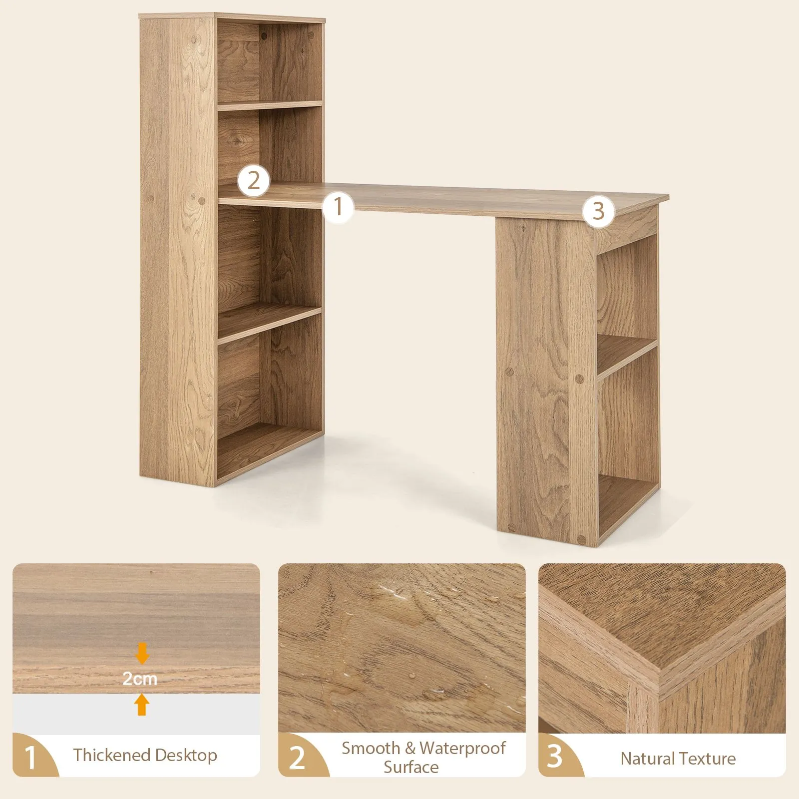Costway 48"Computer Desk w/ Bookcase Modern Writing Desk w/ 6-tier Storage Shelves Home Office in Natural 4