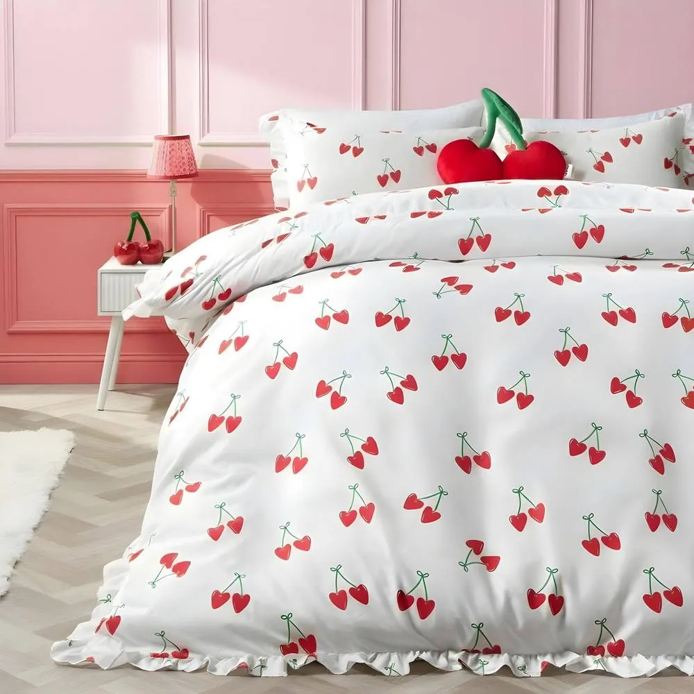 OHS Cherry Frill Edge Duvet Cover Set with Pillowcase Microfibre Bedding in White