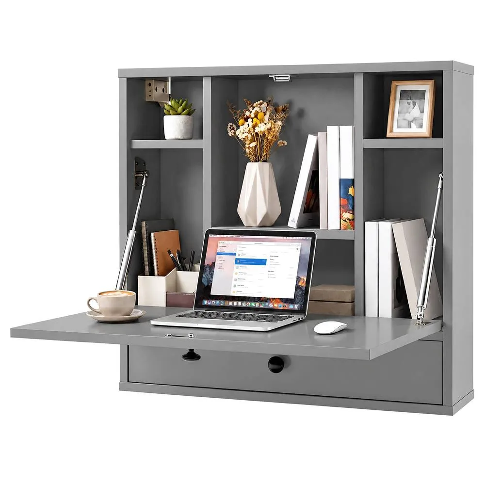Costway Wall Mounted Fold Down Desk Computer Workstation w/ Drawer in Grey