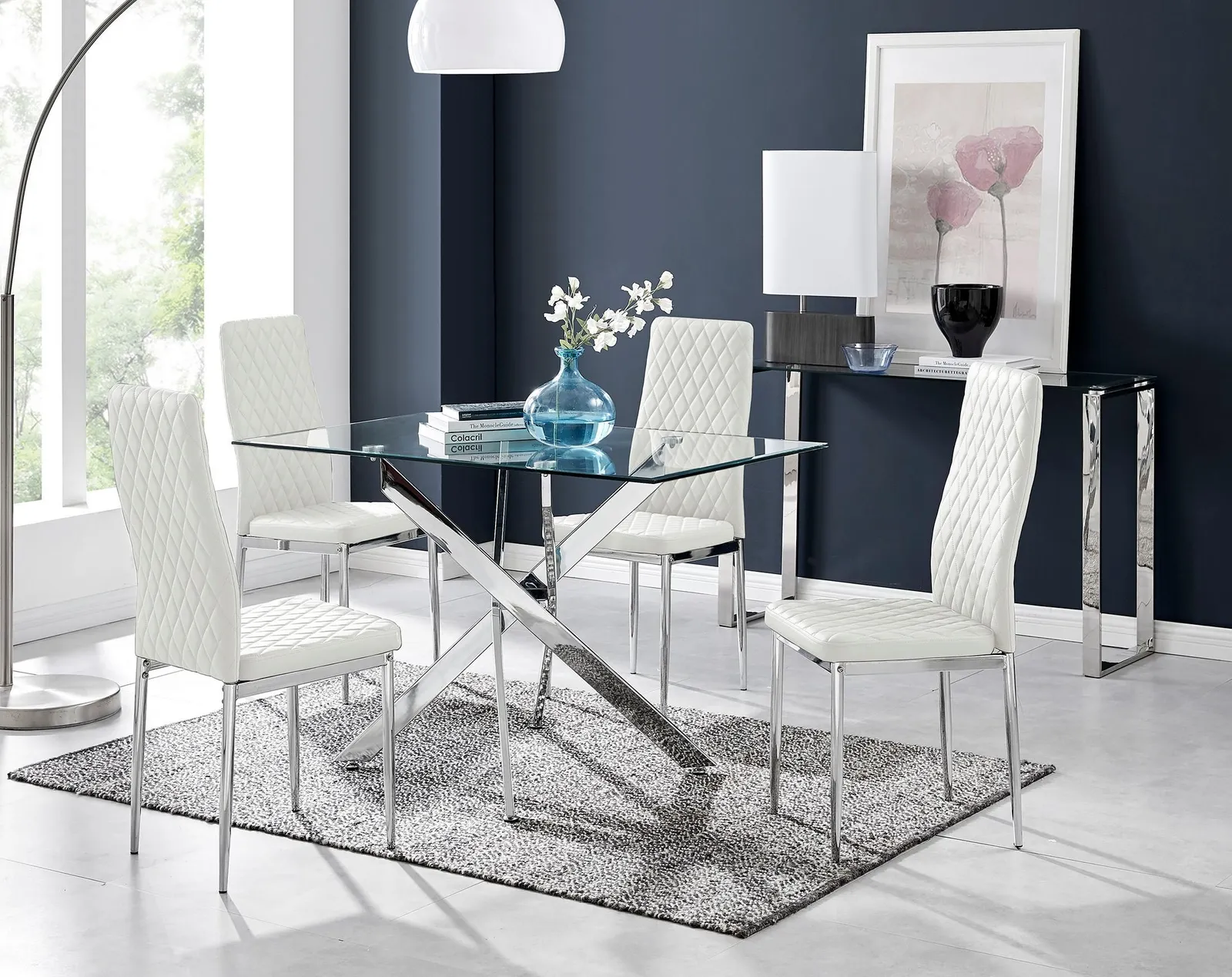 FurnitureboxUK Leonardo Glass & Chrome Metal Dining Table & 4 Milan Chairs Set in White 1