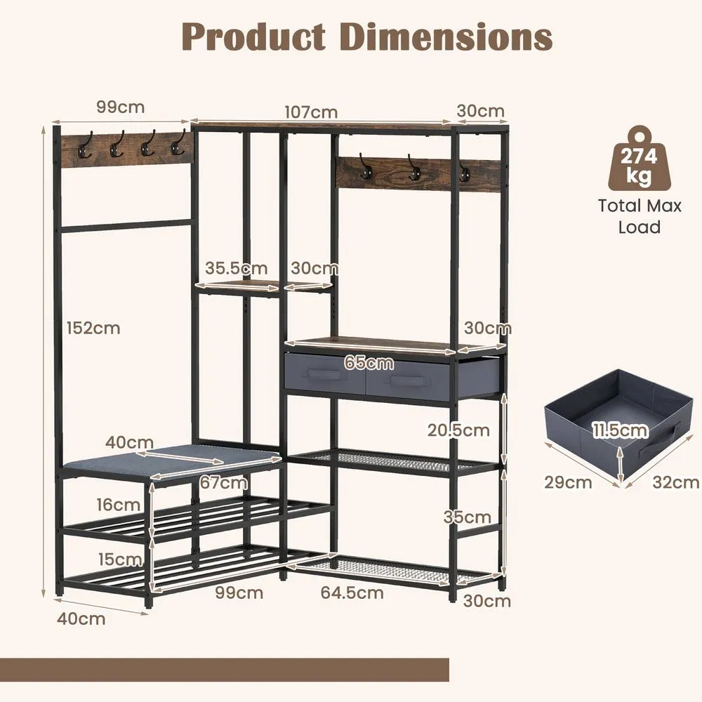 Costway 152 cm Corner Coat Rack with Shoe Bench L-Shaped Garment Rack With 7 Hooks in Brown 2