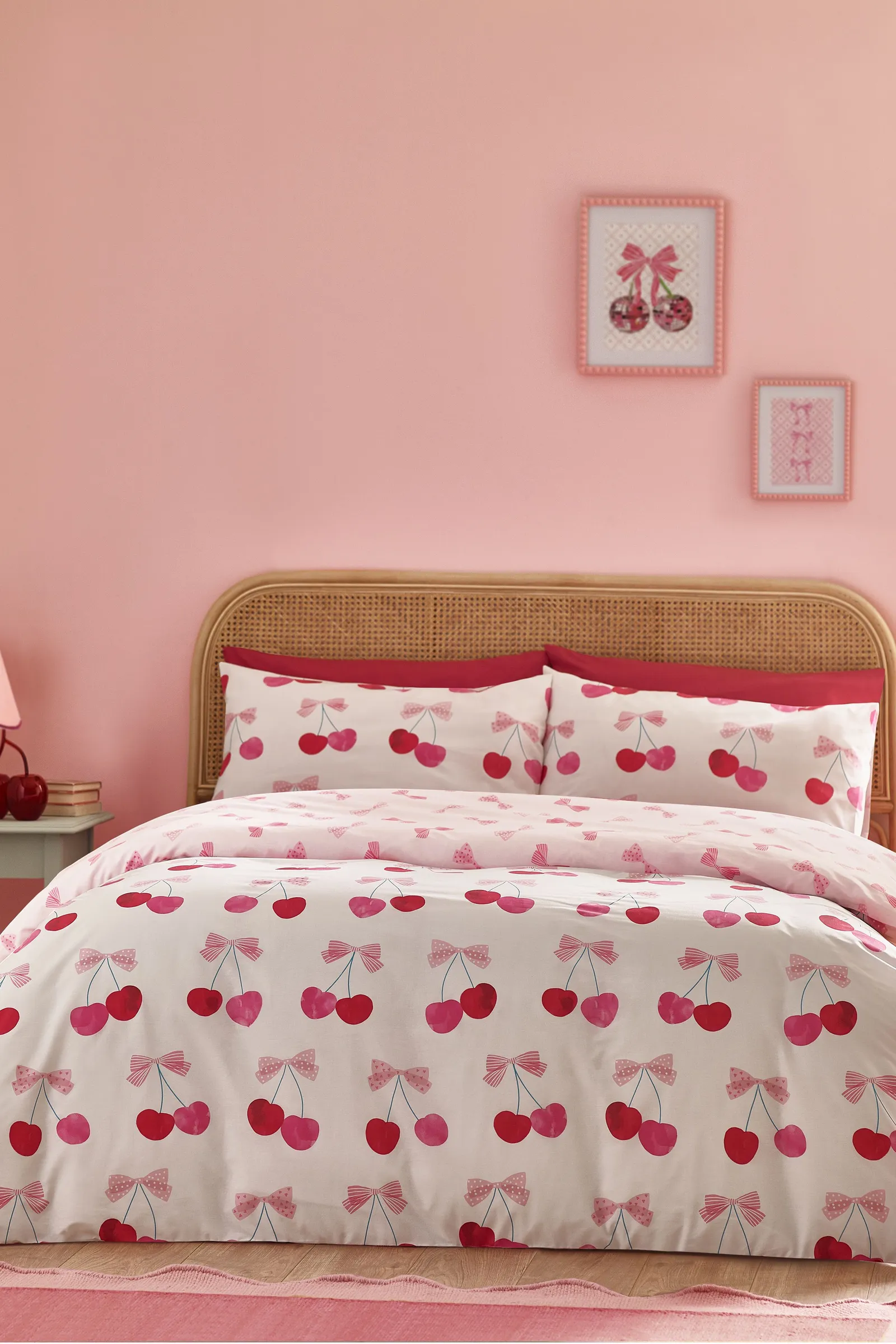 Catherine Lansfield 'Cherries & Bows' Reversible Duvet Cover Set in Pink