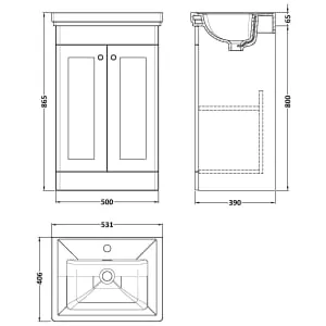 Classique Satin Green Floor Standing 2-Door Vanity & Basin 1 Tap Hole - 865 x 530mm 2
