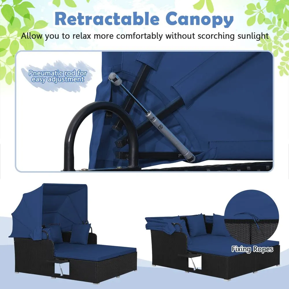Costway Daybed with Retractable Canopy PE Rattan Wicker Sunbed for 2 Persons in Blue 5