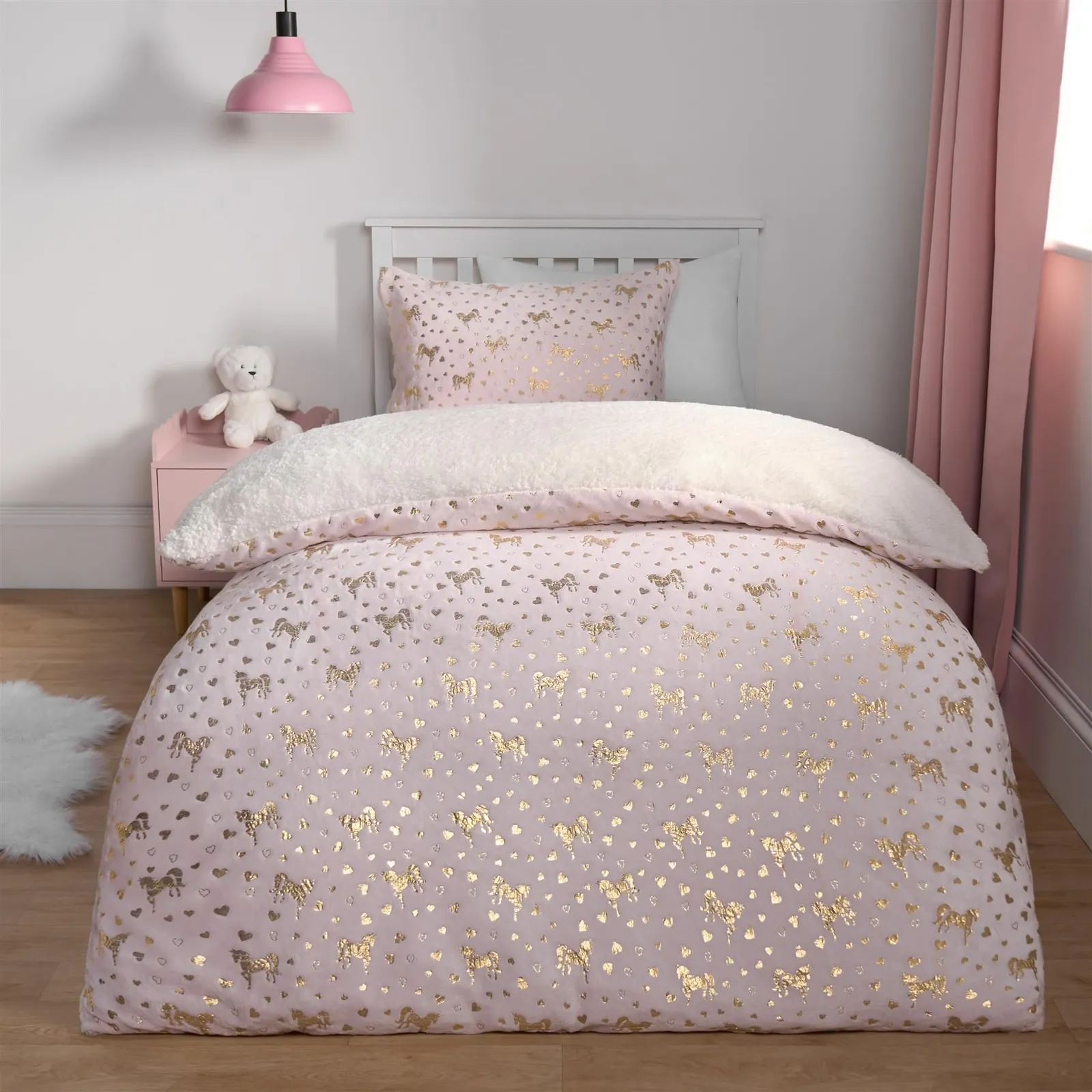 OHS Unicorn Duvet Cover Fleece Heart Warm Quilt Reversible Soft Metallic Bedding Set in Pink
